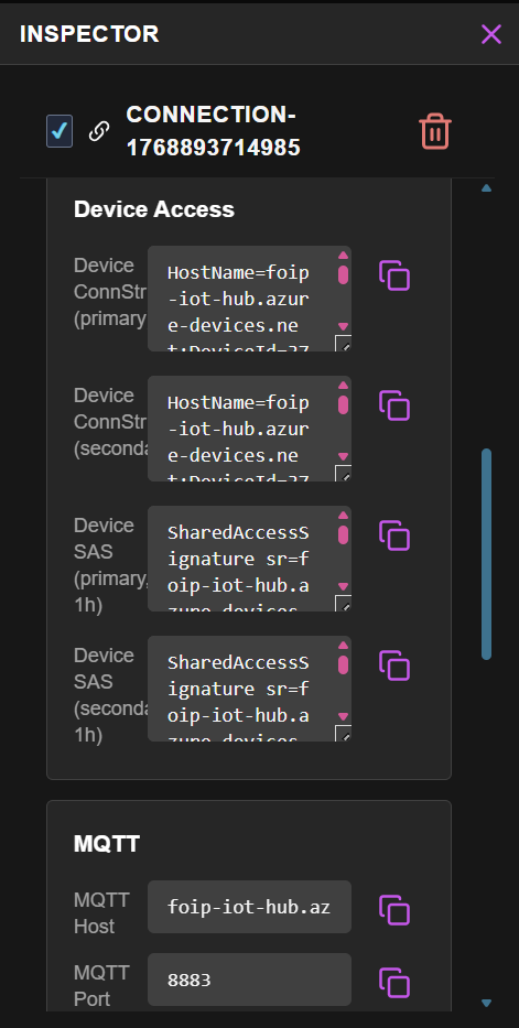 Device Access section showing connection strings, SAS tokens, and MQTT details.