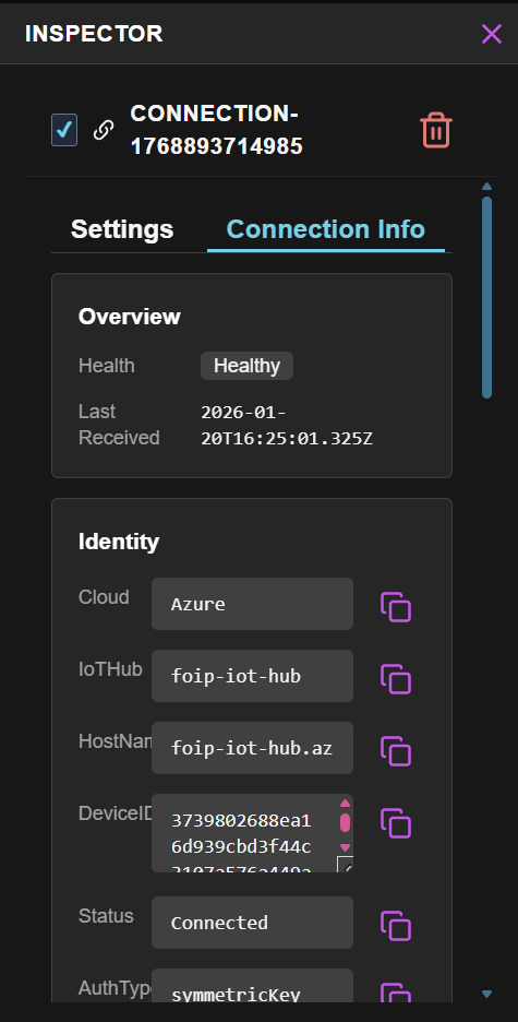 Connection Info showing device status, IoT Hub name, and authentication type.
