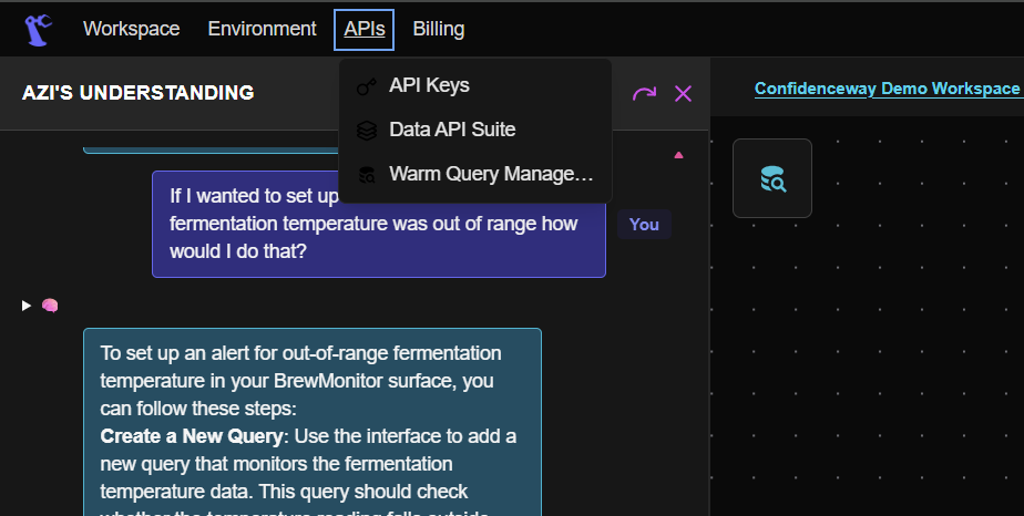 API menu showing available endpoints