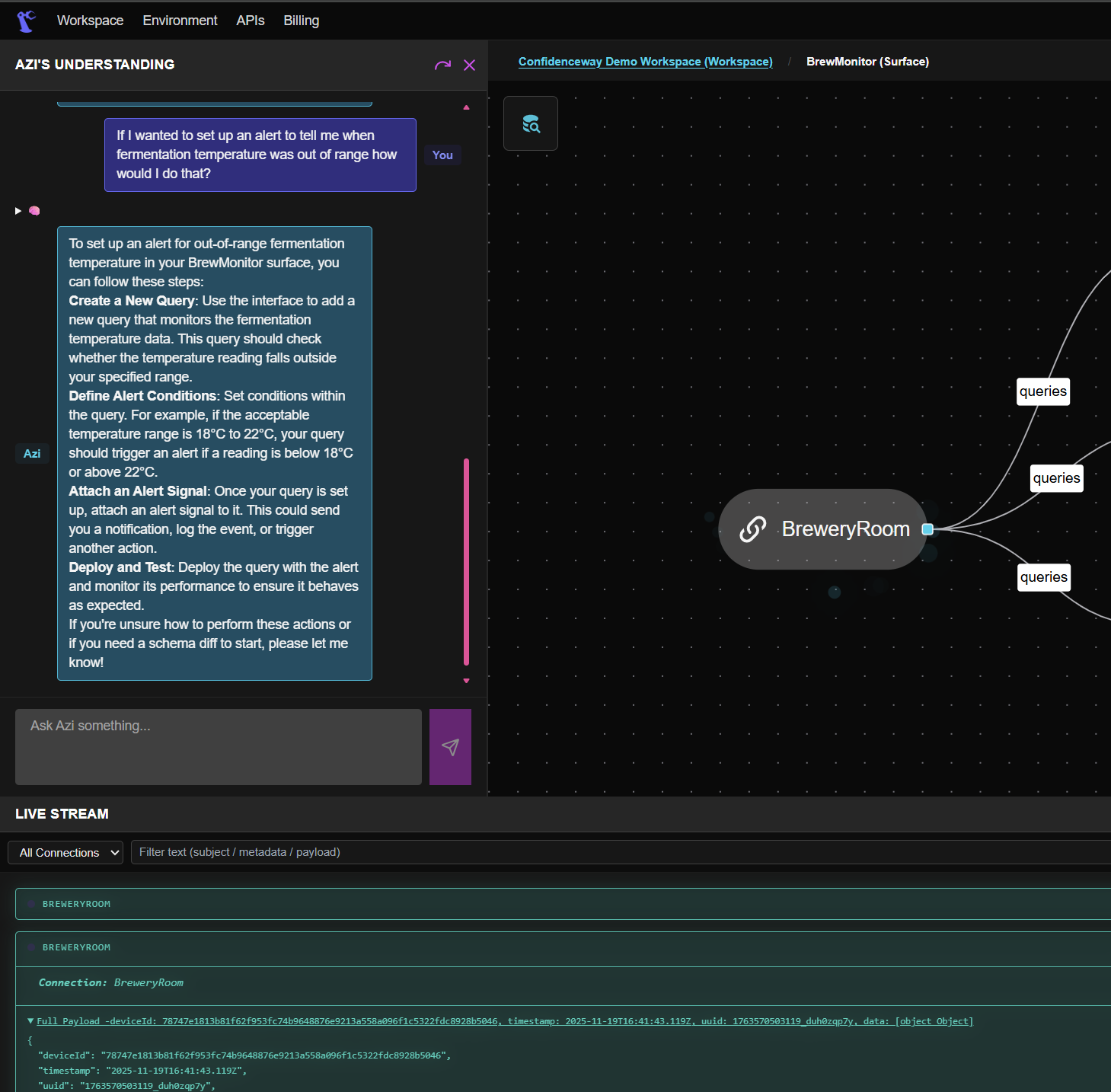 Live data stream showing incoming telemetry