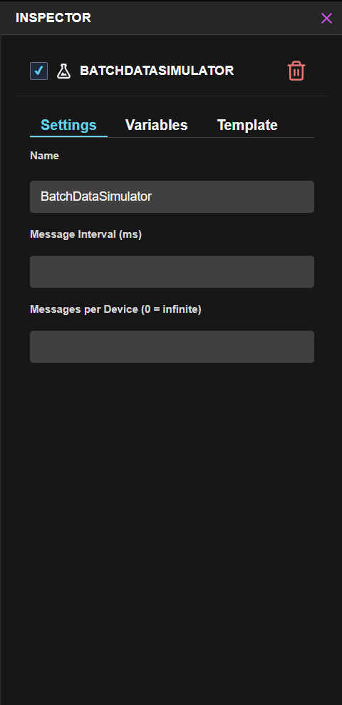 Simulator Inspector showing the Settings tab with Name, Message Interval, and Messages per Device fields