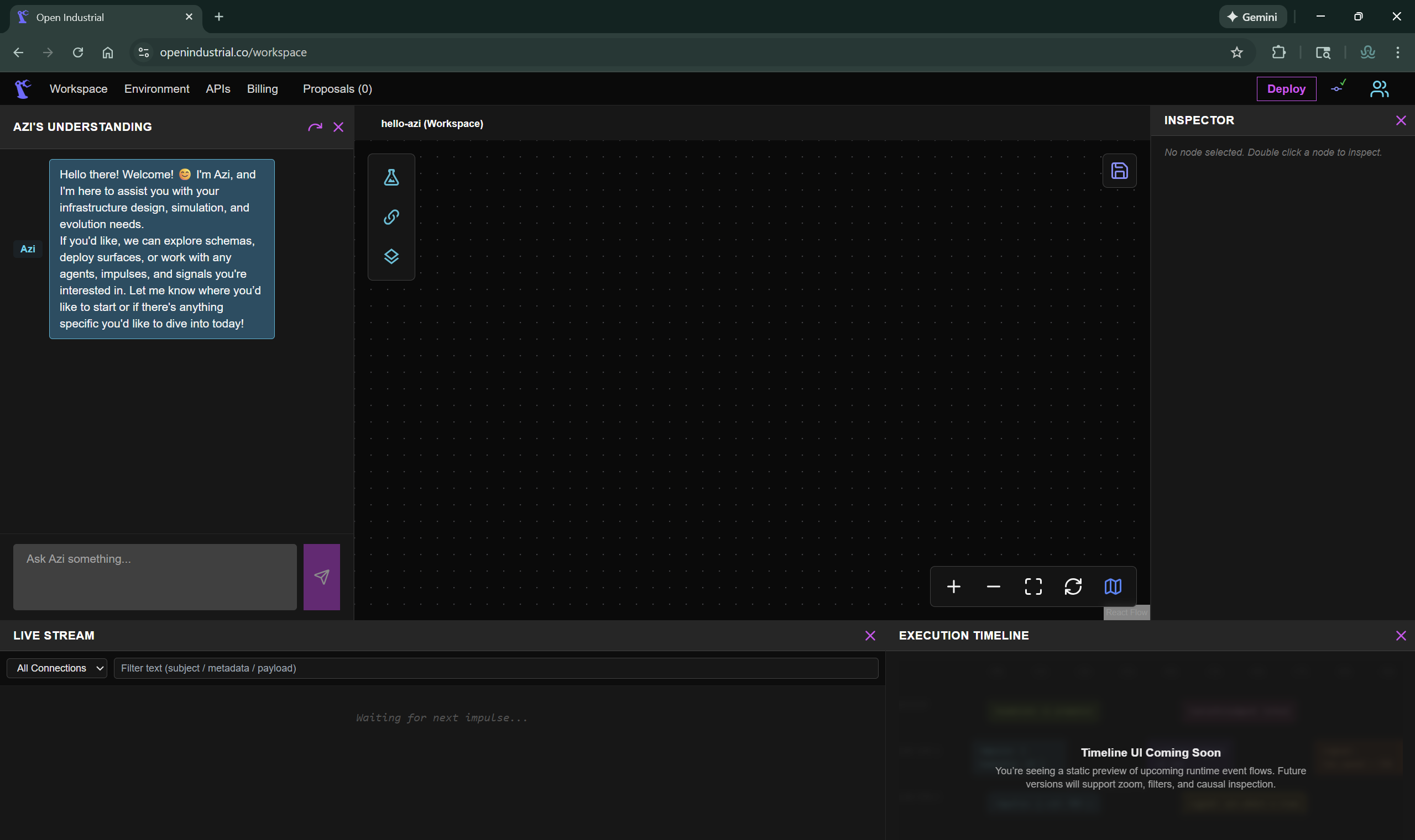 OpenIndustrial workspace showing the canvas with Node Bank on the left, Inspector panel on the right, and Live Stream panel at the bottom. This is your workspace for building governed AI connections.