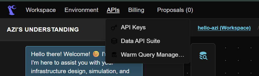 APIs menu item in the AppFrameBar at the top of the workspace. Click to access API endpoints for your warm queries.