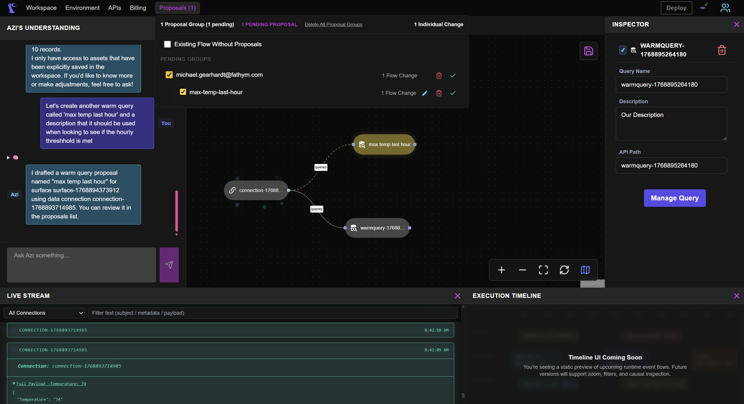 Azi proposal panel showing a proposed warm query node with gold/tan background indicating it's a proposal. The proposal includes the KQL query and reasoning. Accept, reject, and edit buttons are visible.