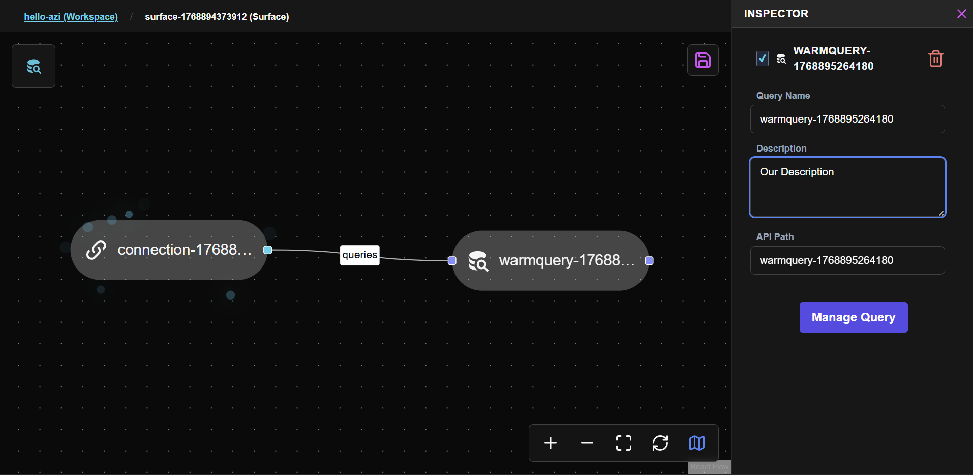 Edge connecting the Connection node to the Warm Query node inside the surface. The edge displays the 'queries' label showing the data relationship.