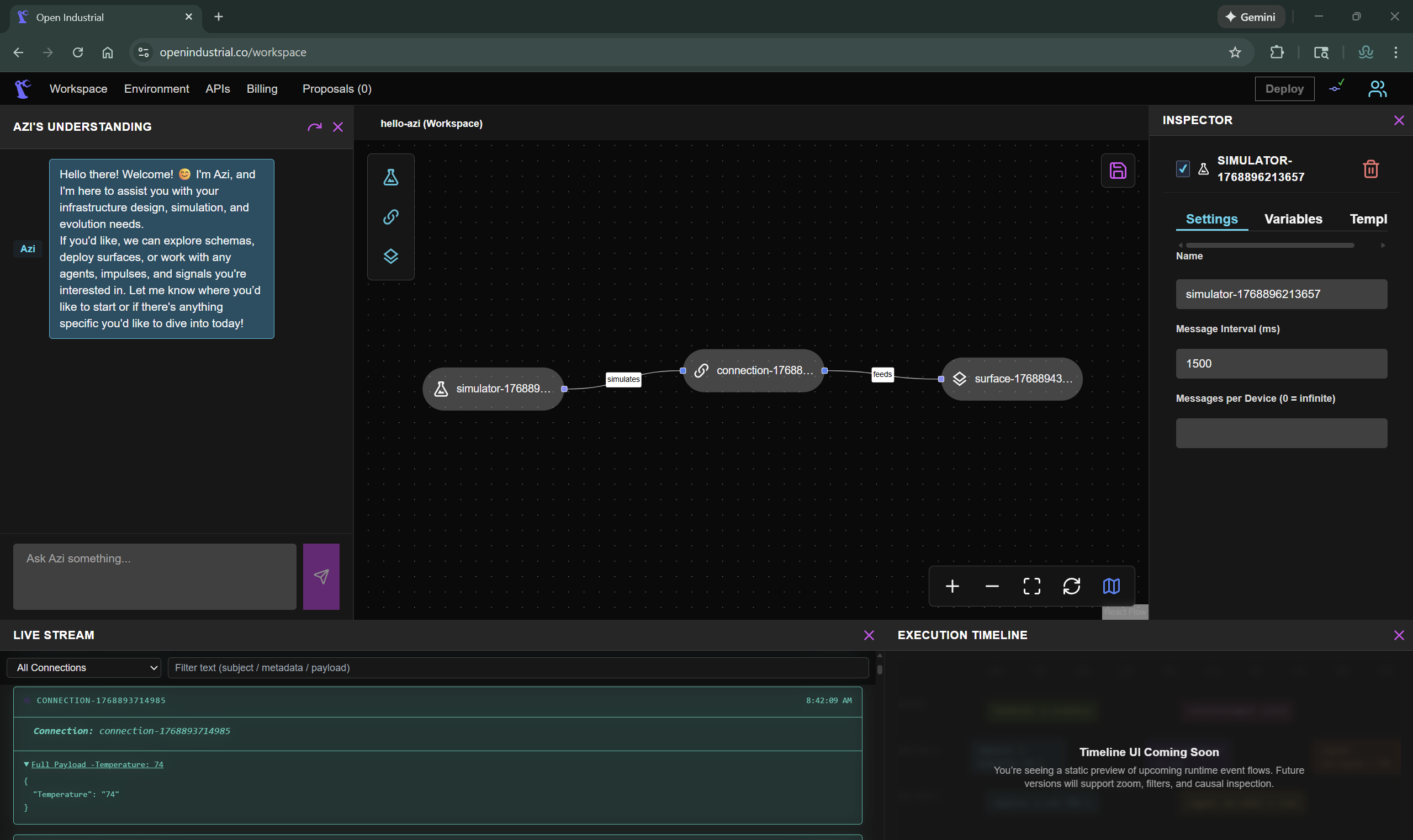 LIVE STREAM panel at the bottom of the workspace showing incoming telemetry impulses. Each impulse shows the connection ID, timestamp, and data payload.