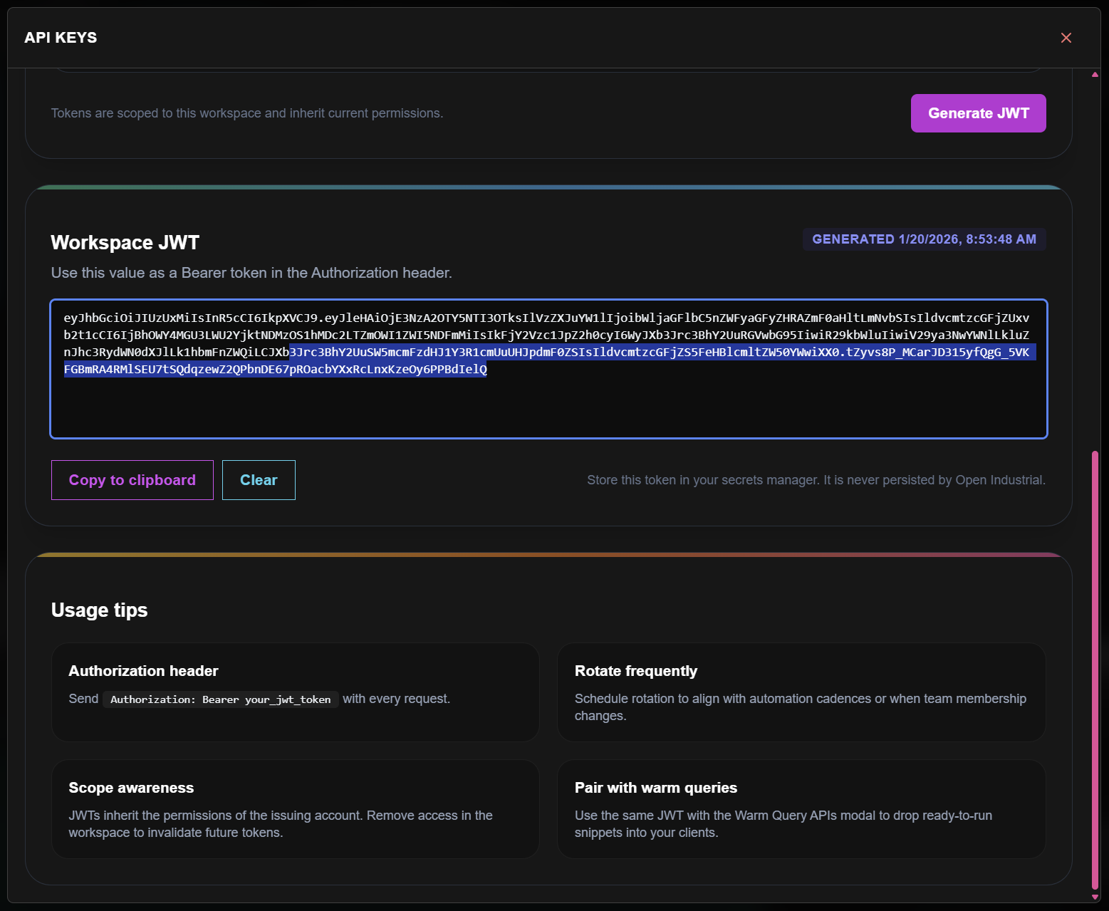Generated JWT token displayed with a Copy button. The token is shown partially masked for security.