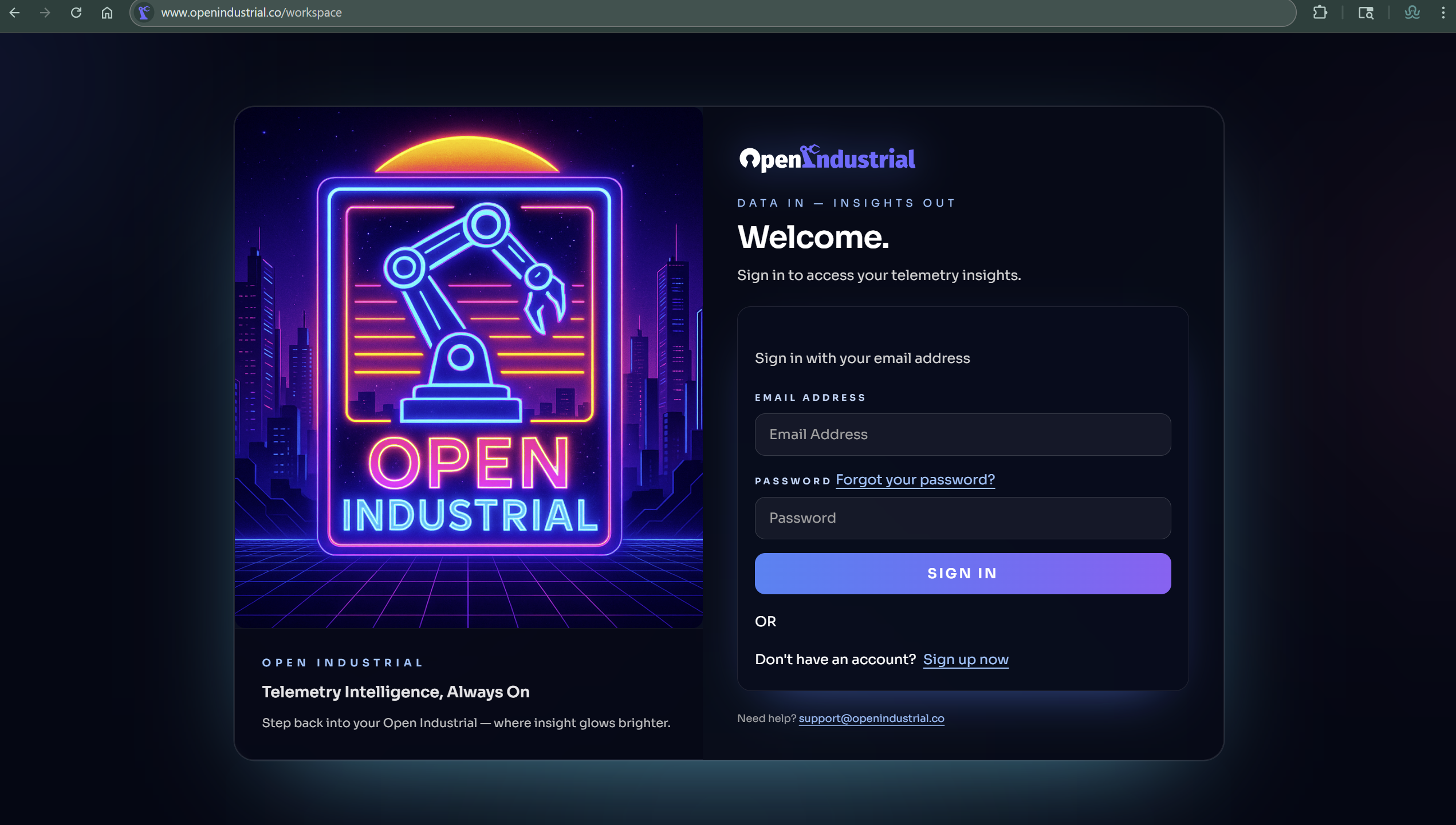 OpenIndustrial login page with email and password fields. Sign in to access your workspace.