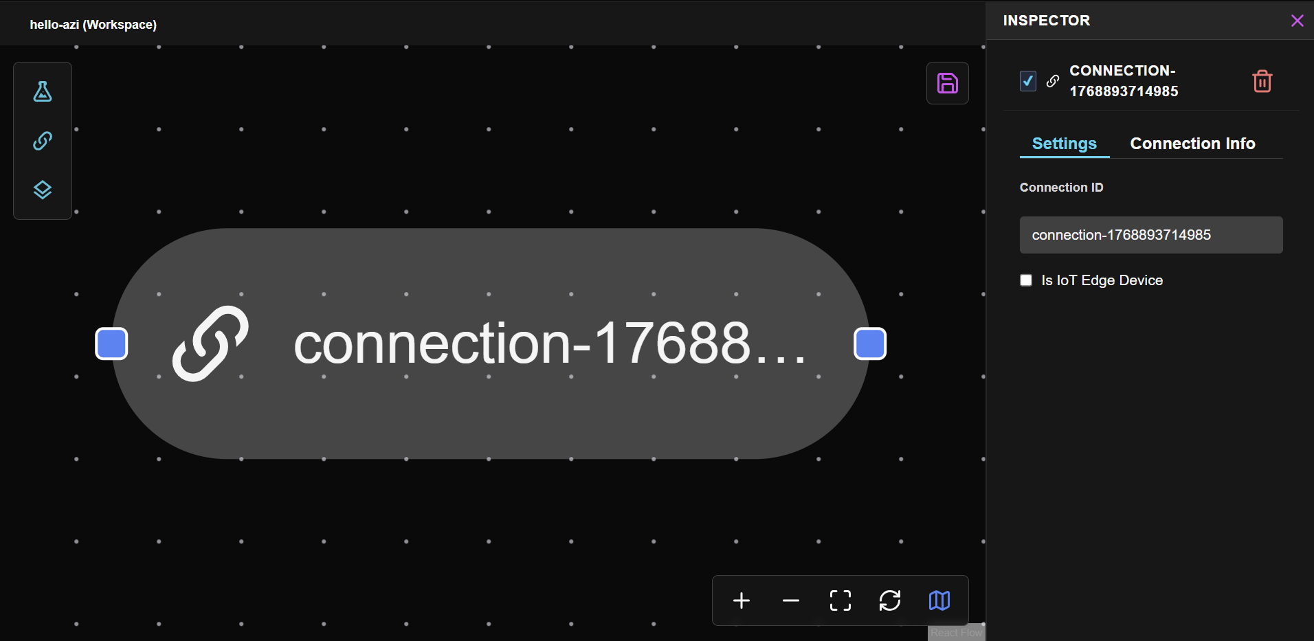 Connection node placed on the canvas, showing the node with its name label. The node appears as a rectangular card with the connection name visible.