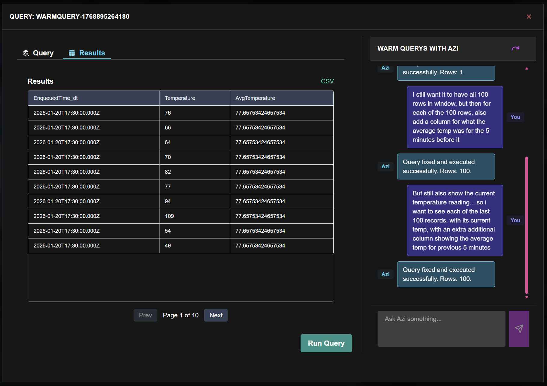 Query results panel showing the executed KQL query results with temperature averages displayed in a table format.