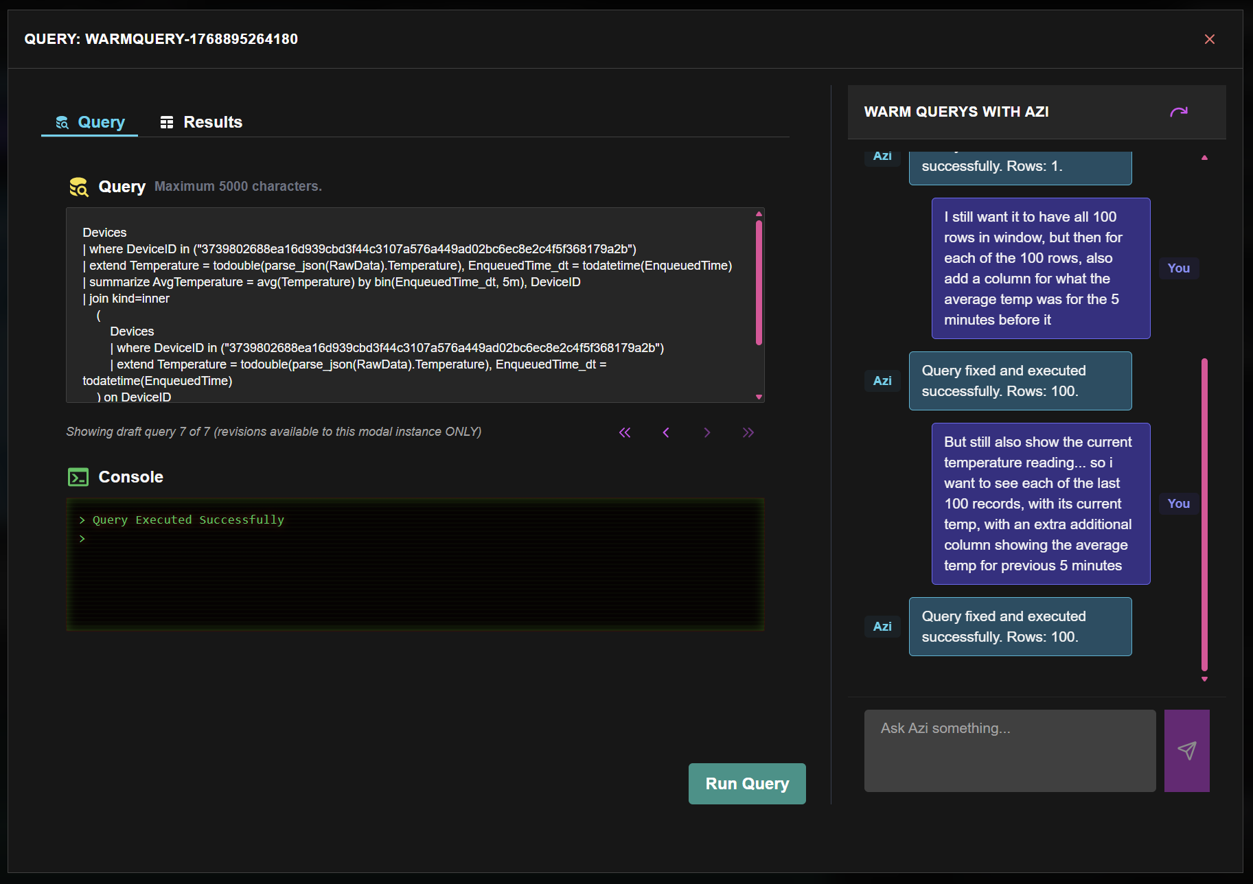 Azi panel in Query Manager context, showing Azi's proposed KQL modification with reasoning explanation.