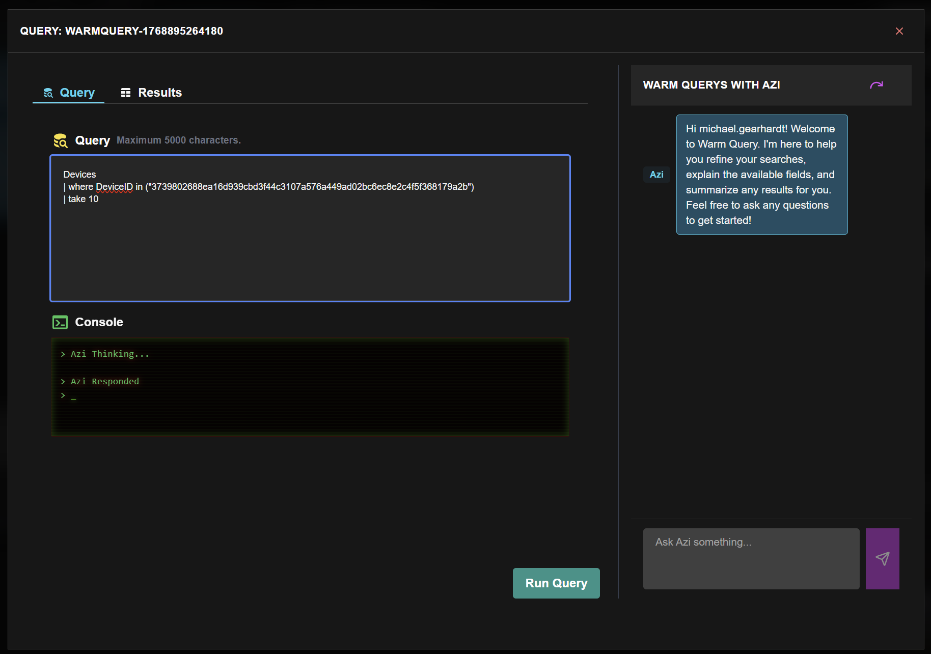 Query Manager modal showing the KQL editor on the right side and the Azi chat panel (titled 'WARM QUERYS WITH AZI') on the left side.