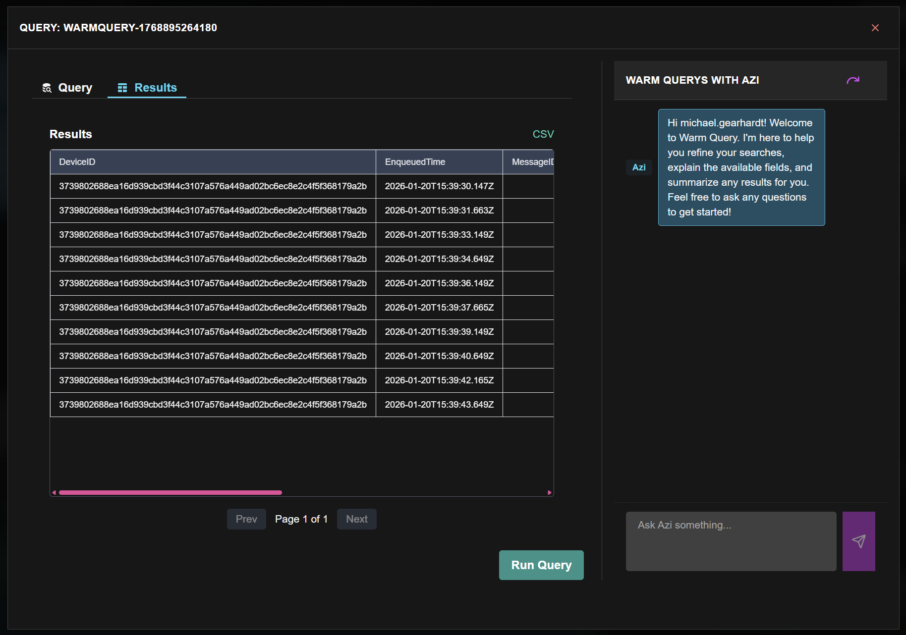 Results tab in Query Manager showing query output in table format with columns, pagination controls (Page 1 of N), and CSV export link.