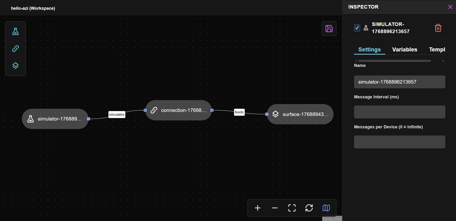 Simulator node connected to the BreweryRoom Connection node via an edge. The connection shows data flowing between the two nodes.