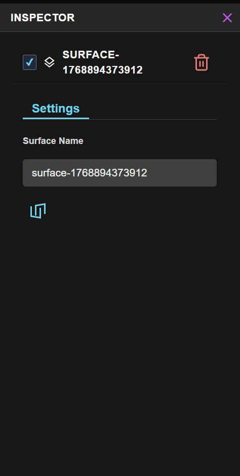 Surface Inspector panel showing the surface name, settings, and the cyan Manage Surface icon (layered squares) at the bottom to enter the surface.